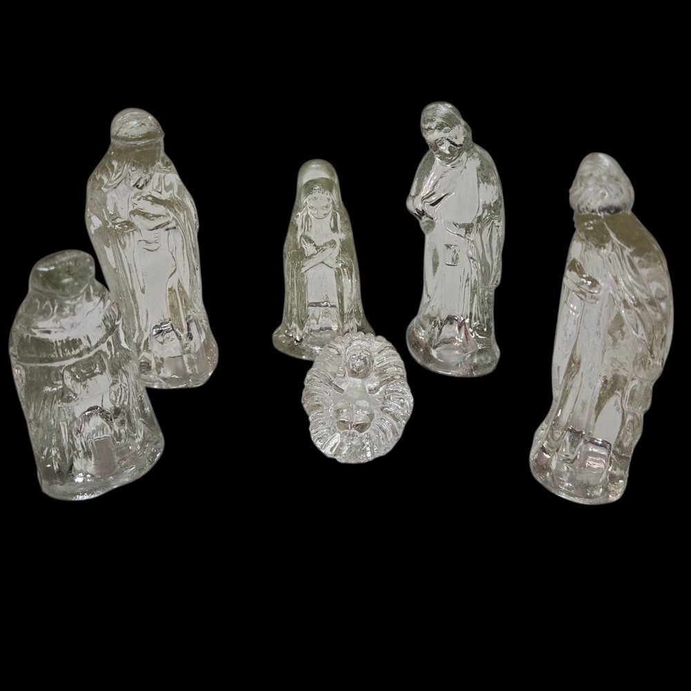 Vintage 6 Piece Clear Crystal Glass Nativity Scene Christmas Decor EUC